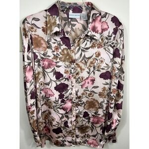 VTG Jaclyn Smith Floral Button Down Satin Top Women's 14 Ruffle Sleeves Cottage